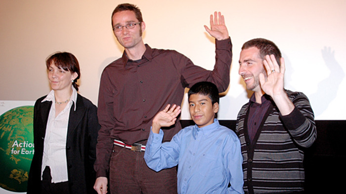 『プラネット・カルロス』ティーチイン。（左から）プロデューサーのキルステン・クンハルト、アンドレアス・カネンギーサー監督、主演のマリオ・ホセ・チャベス・チャベス、撮影のシュテファン・ファルッチ。