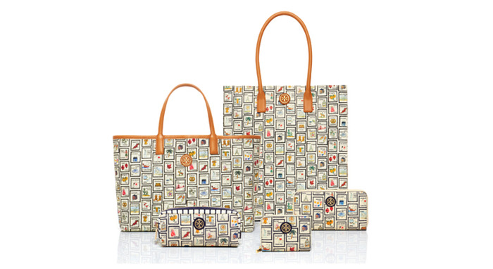 伊勢丹新宿店　1F「THE STAGE」にて、2014年6月18日(水)～2014年6月24日(火)の期間限定で開催される「TORY BURCH in ISETAN SHINJUKU」。「旅」をモチーフにした限定コレクション。世界各国のイラストが描かれた切手（スタンプ）のオリジナルプリントで彩られたバッグやコスメポーチが登場。