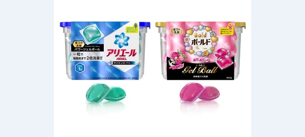 左：「アリエール パワージェルボール」50g、20個入り　オープン価格（4月下旬発売）　右：「ボールド ぷにぷにっとジェルボール」500g 20個入り　オープン価格（7月中旬発売予定※一部オンライン発売4月下旬開始）