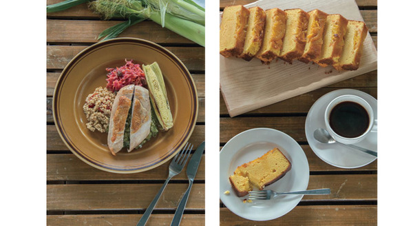 Small Gathering Menu inspired by “KINFOLK: The Shared Table”左：「静岡県産富士の鶏胸肉のソテー」1,230円（税込）キヌアと夏野菜のサラダ、青トマトとエストラゴンのサルサ添え右：「オレンジとアーモンドのパウンドケーキ」520円（税込）