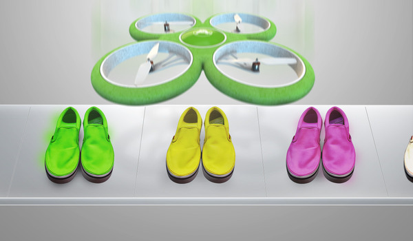 巨大なシューズディスプレイの中から選択された色のシューズをドローンがキャッチして運び出す。「ノーリン」のカラーは全5色で展開。