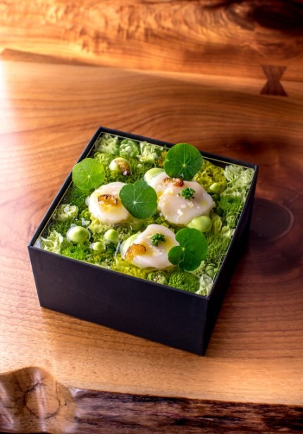 フラワーボックスをプレートにした前菜。「帆立 キャベツのジンジャーエマルジョン スダチのキャラメリゼ チャイブ」。