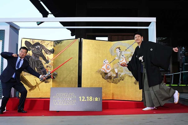 京都府知事・山田啓二氏＆山本太郎氏の風神レイ＆雷神カイロ・レン屏風／『スター・ウォーズ／フォースの覚醒』成功祈願イベント＠京都・清水寺