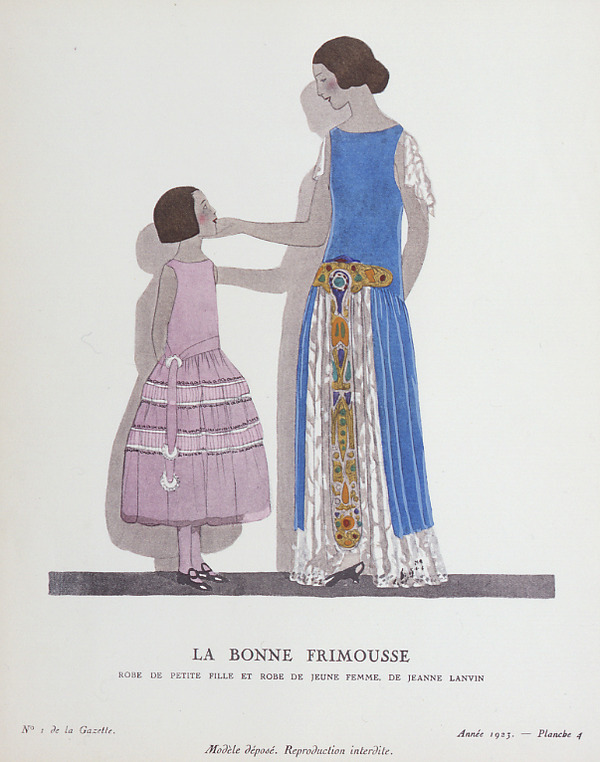 アンドレ・マルティ　いいお顔　ジャンヌ・ランバンの若い女性用ドレスと少女服「ガゼット・デュ・ボン・トン」より　1923年 ポショワール、手彩色、紙 島根県立石見美術館蔵
