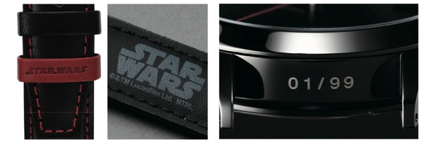 ストラップのループはレッドにし、ロゴを刻印。ステッチもレッドを縫い込みダース・ベイダーのカラーイメージとしました。６時側カン股にはシリアルナンバーをレーザー刻印。