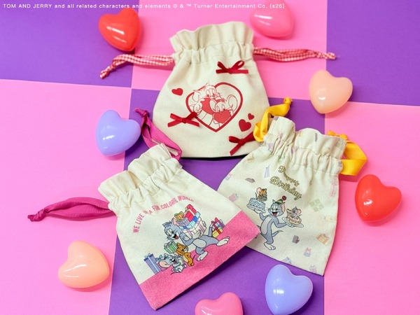 TOM and JERRY × Flapper描き下ろしイラスト 巾着各¥2,750（税込）