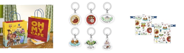 紙ショッパー　、めじるしチャーム（MENU）、巾着（MENU）© Disney/Pixar