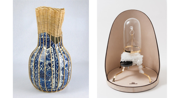 左：Vase 　Pronkstuk（centerpiece）Daniel　Hulsbergen 右：Ring in cabinet and collier in box Overgrown Mark stukenboom