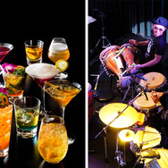 左：バタドラムとジャズから着想を得た個性的な9種のオリジナルカクテル（全品 各1,500円）。クラシカルなウィスキーベースでつくられており、いずれもエキゾチックな香り漂う大人の味わい。右：バタドラムの演奏風景
