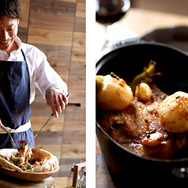 左：「Chef’s Home」の石川シェフ　　右：「”Chef's Cocotto”骨付き豚肉とカブ」3,240円