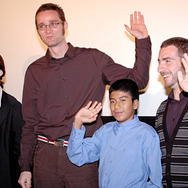 『プラネット・カルロス』ティーチイン。（左から）プロデューサーのキルステン・クンハルト、アンドレアス・カネンギーサー監督、主演のマリオ・ホセ・チャベス・チャベス、撮影のシュテファン・ファルッチ。