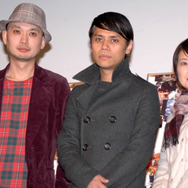 『40歳問題』完成披露舞台挨拶。（左から）浜崎貴司、大沢伸一、新田恵利。