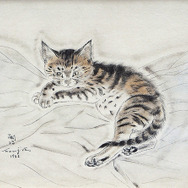 「子供十態：猫を抱く少女」（ビュイッソン証明印）（1929年/銅版画 37.8×29.2cm）