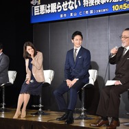 （左から）真山仁、相武紗季、玉木宏、仲代達矢／ドラマスペシャル「巨悪は眠らせない　特捜検事の逆襲」製作発表会見