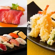 「フードライブメニュー」（写真左）ジューシーなローストビーフや、サクサクの天ぷら、にぎり寿司が登場！