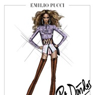 「エミリオ・プッチ」のピーター・デュンダスによるデザイン画。ビーズとクリスタルの装飾とパステルプリントのショーツが特徴のボディスーツ