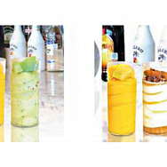 左写真：左から「リクォリーノ」ジン × マンゴー、 ウォッカ ×キウイ　右写真：左から「リクォリーノ」ジン × マンゴー、アマレット×ミルク